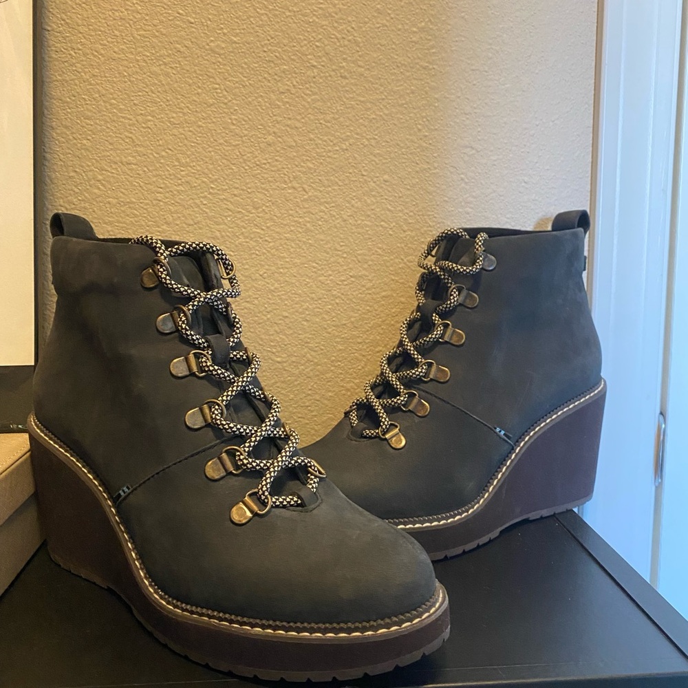 TOMs Dark Grey Suede Wedge Ankle Boots